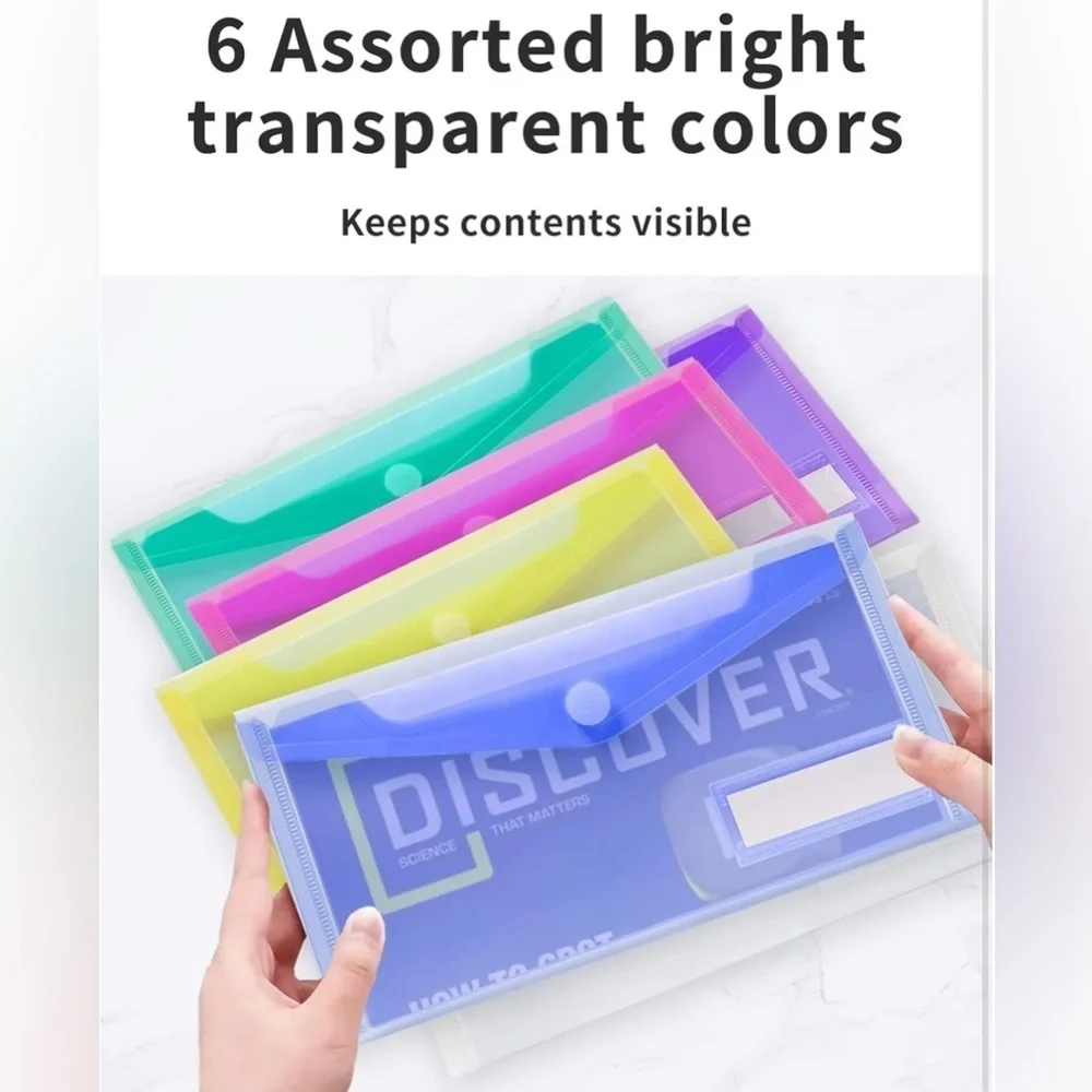 Set/6 Brightly Colored, Transparent Velcro Closure Envelope Organizers, A6 Size